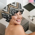 thumbnail image 5 of Shower Caps,Brown Geometric Triangle Diamond Pattern Waterproof Shower Cap for Women 4 Pieces,Double Reusable Hair Cover for Shower PEVA Elastic Stretch Hem, 5 of 7