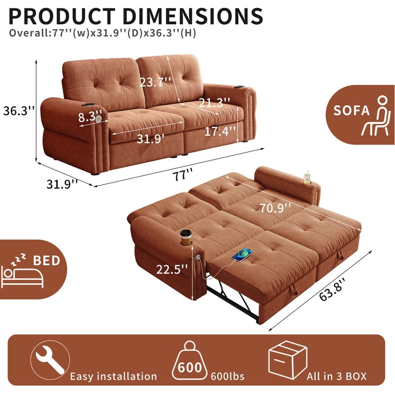 77" Convertible Sofa Bed – 2-in-1 Loveseat & Guest Bed, Chenille Fabric, 600lb Capacity