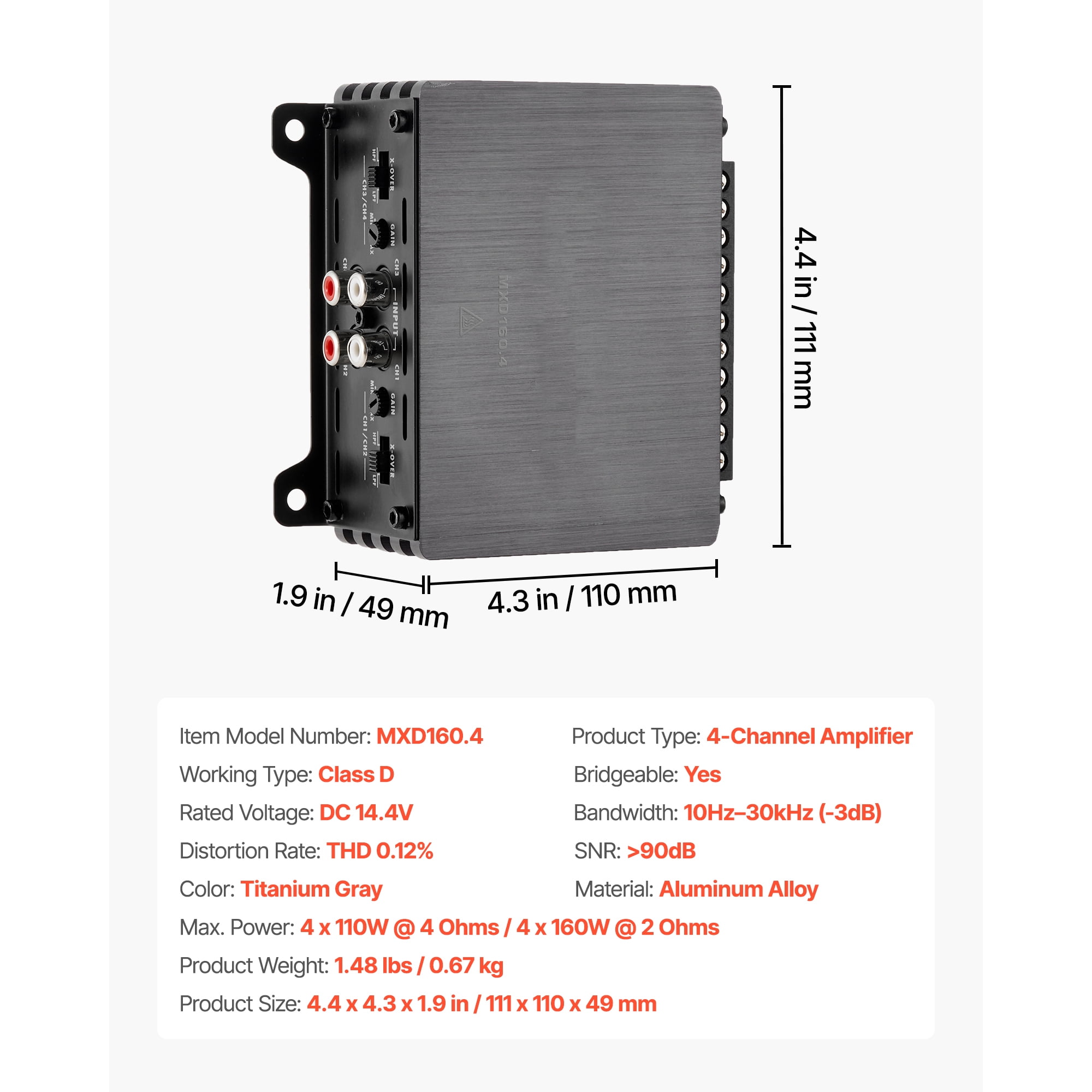 KFFKFF 4-Channel Car Audio Amplifier, 2 Ohm Stable, Bridgeable Class D Full Range Amp, Max Output: 4 x 110W @ 4 Ohm / 4 x 160W @ 2 Ohm, Suitable for Cars, SUVs, Trucks, and Off-Road Vehicles