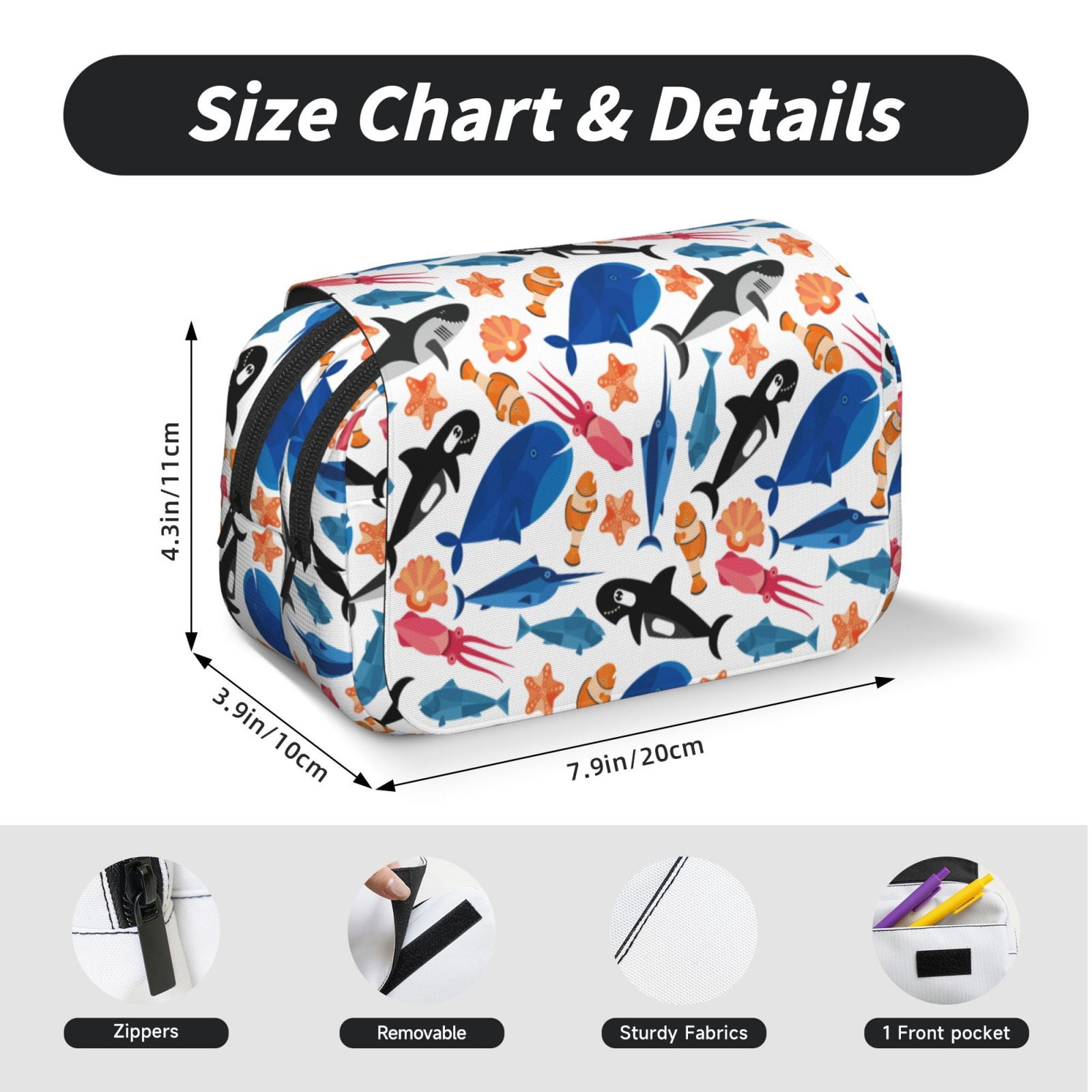 Rateoe Cute Sea Animals Pattern Double Clamshell Pen Case, Storage Organizer with Two Zipper Compartments– Holds Up to 50 Pencils & Pens