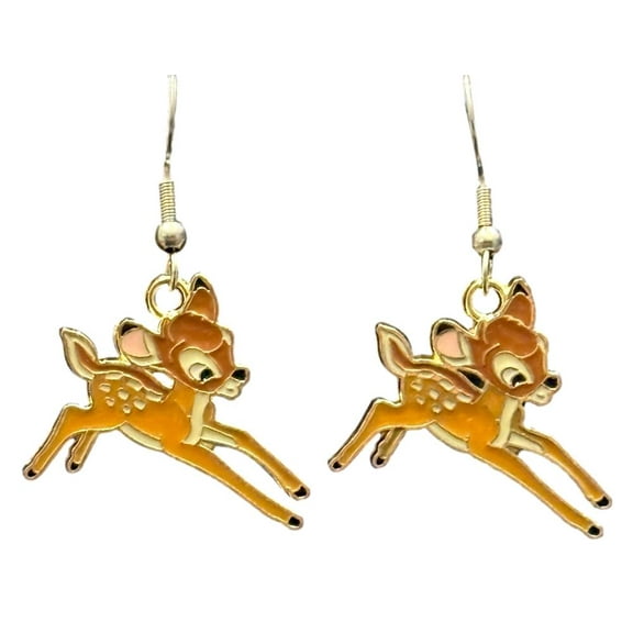 Bambi Cartoon Deer Earrings Enamel Finish French Wire Dangle