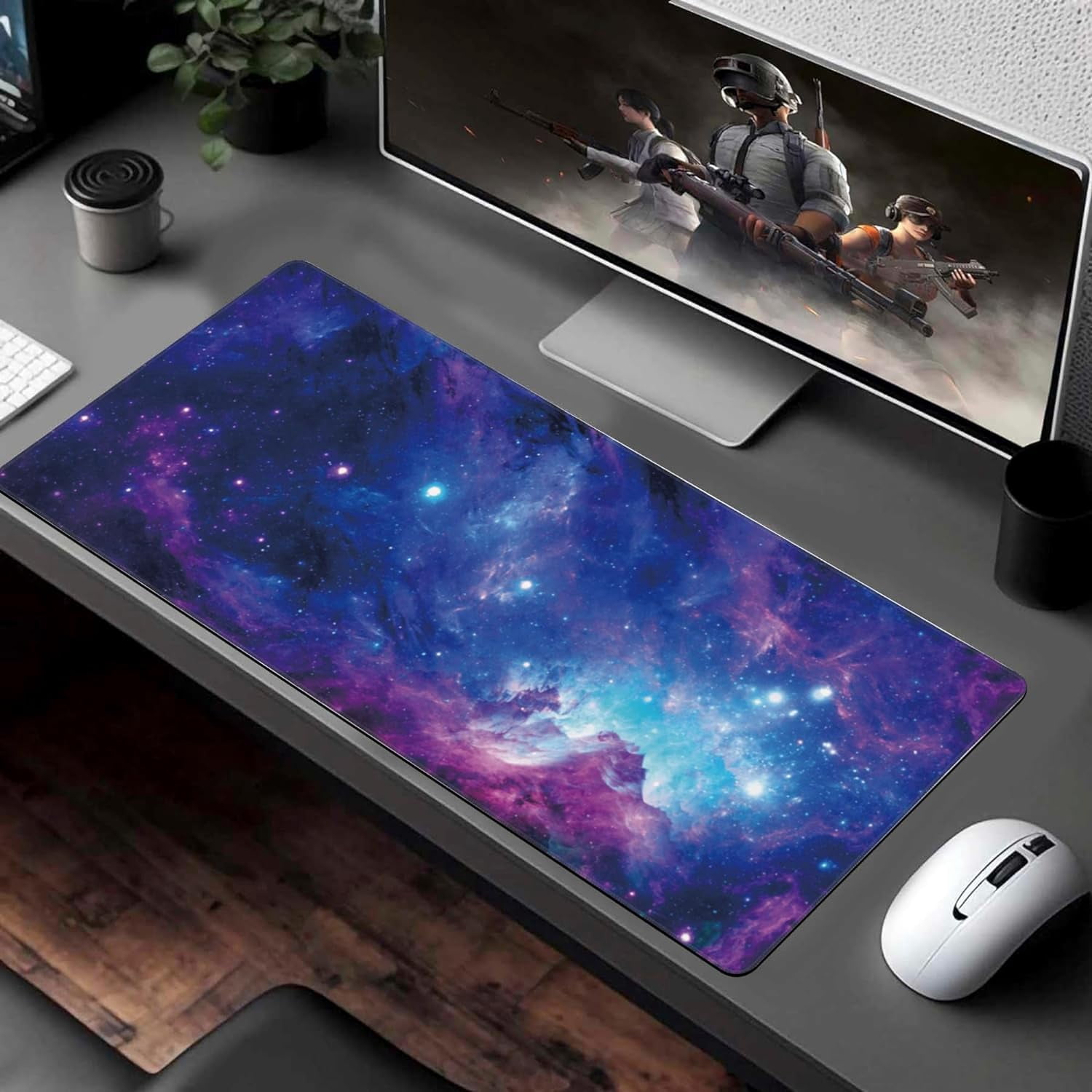 Desk Pad, Blue Purple Nebula and Stars Extended Large Gaming Mouse Pad for Desk XXL, Large Desk Mat for Desktop with Non-Slip Rubber Base Stitched Edges for Computer Keyboard Home Office 35.4"X15.7"