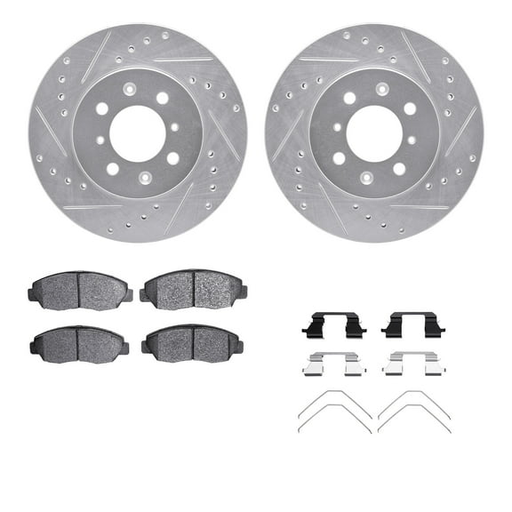 Dynamic Friction Company Front Brake Rotors-Drilled and Slotted-Silver with 5000 Advanced Brake Pads includes Hardware 7512-59017