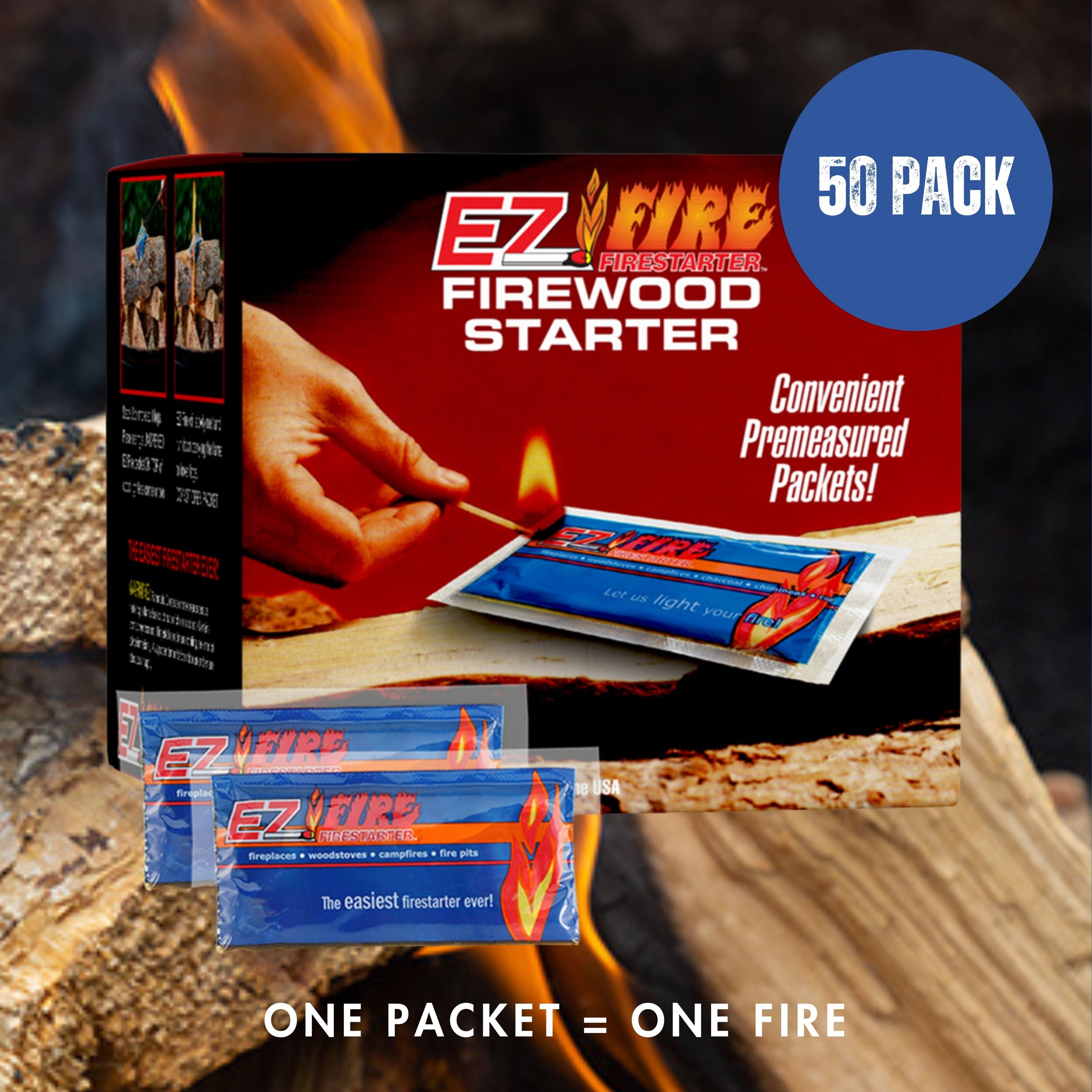 EZ FIRE FIRESTARTER for Fireplace, Campfire, or Grill, Safe, Fast, Gel Packets for Indoor or Outdoor Use, 50 Pack