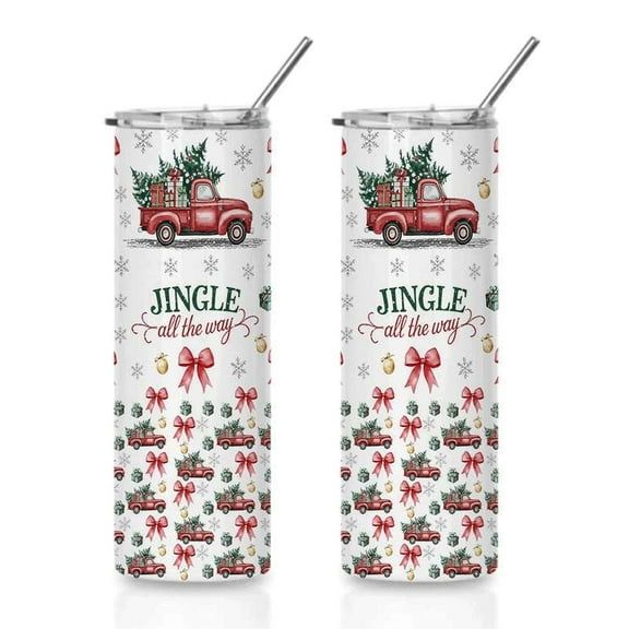 Jingle All The Way Christmas Red Truck Skinny Mug, Stainless Steel Insulated Travel Coffee Cup with Lid & Straw