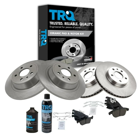TRQ Front & Rear Ceramic Brake Pad & Rotor Kit w/Chemicals for Ford Lincoln BKA16696