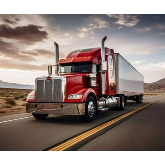 36" X 44" Panel Fall Open Road Semi Truck Red Cotton Fabric Panel D687.90