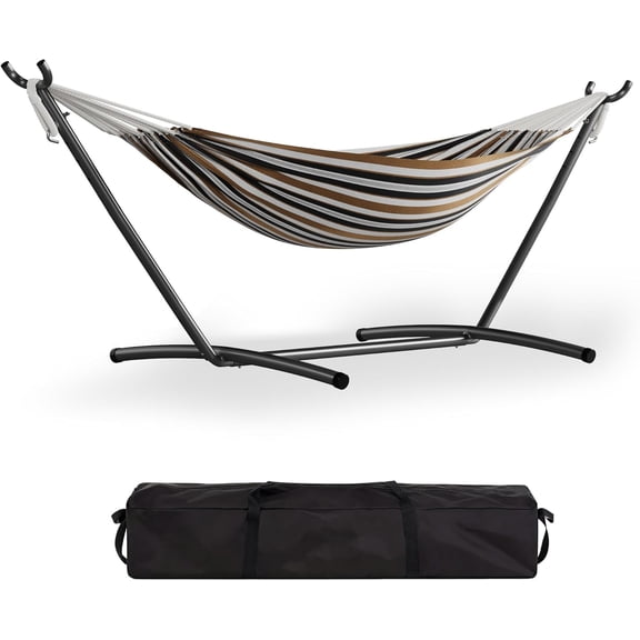 Double Hammock with Foldable Steel Stand and Carry Bag, Standing Hammock, Indoor Outdoor, 450 LBS Weight Capacity, Suitable for Garden Camping Beach, Coffee