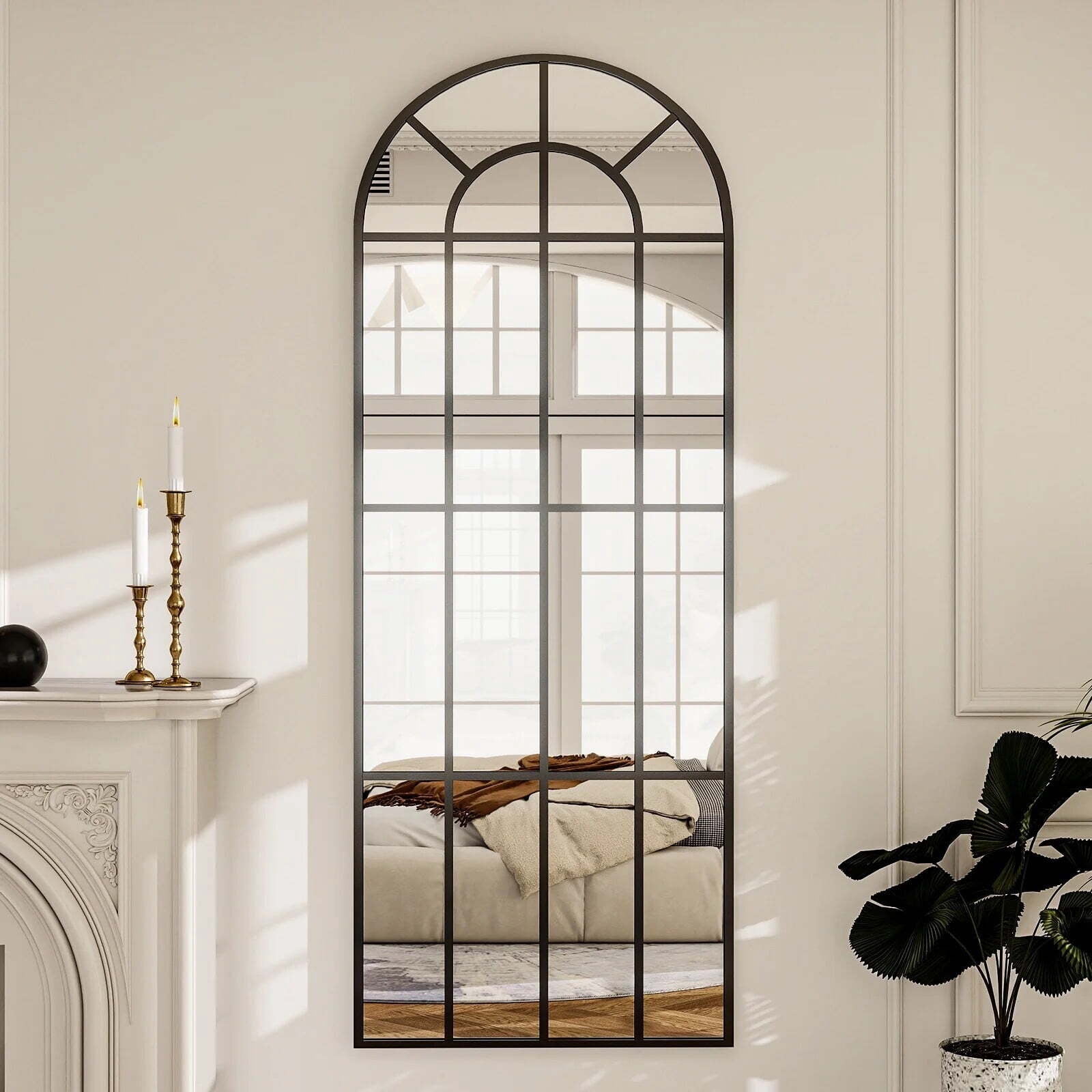 GRAHMCY 69" x 25" Arched Full Length Mirror Windowpane Mirror Full Body Floor Mirror, Black