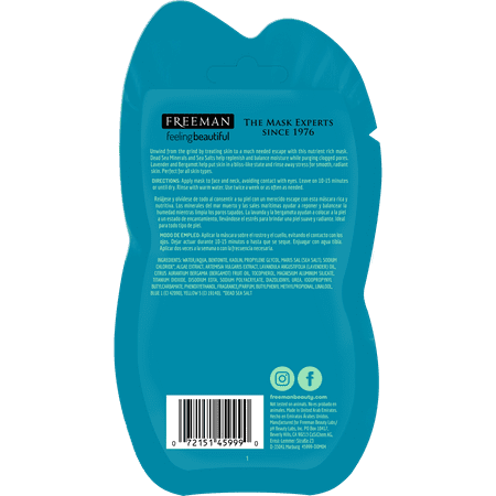 Freeman Dead Sea Minerals Anti-Stress Clay Facial Mask, Face Mask Balances Skin Moisture, Clears Pores, Perfect For All Skin Types, 0.5 fl.oz./ 15 mL Sachet