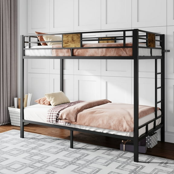 Sha Cerlin Black Metal Bunk Bed Twin over Twin with Stairs & 13''Full-Length Guardrail,8.5''Extra Storage Space Adult & Kid