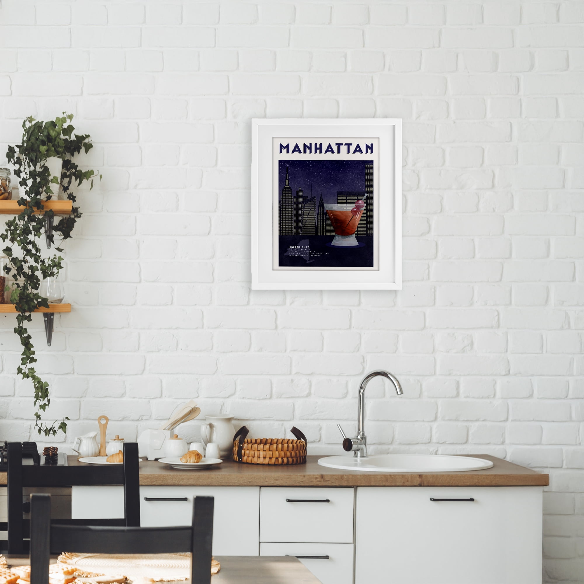 Retro Manhattan Cocktail Cityscape White Framed Print Under Glass, design by Brett Blumenthal