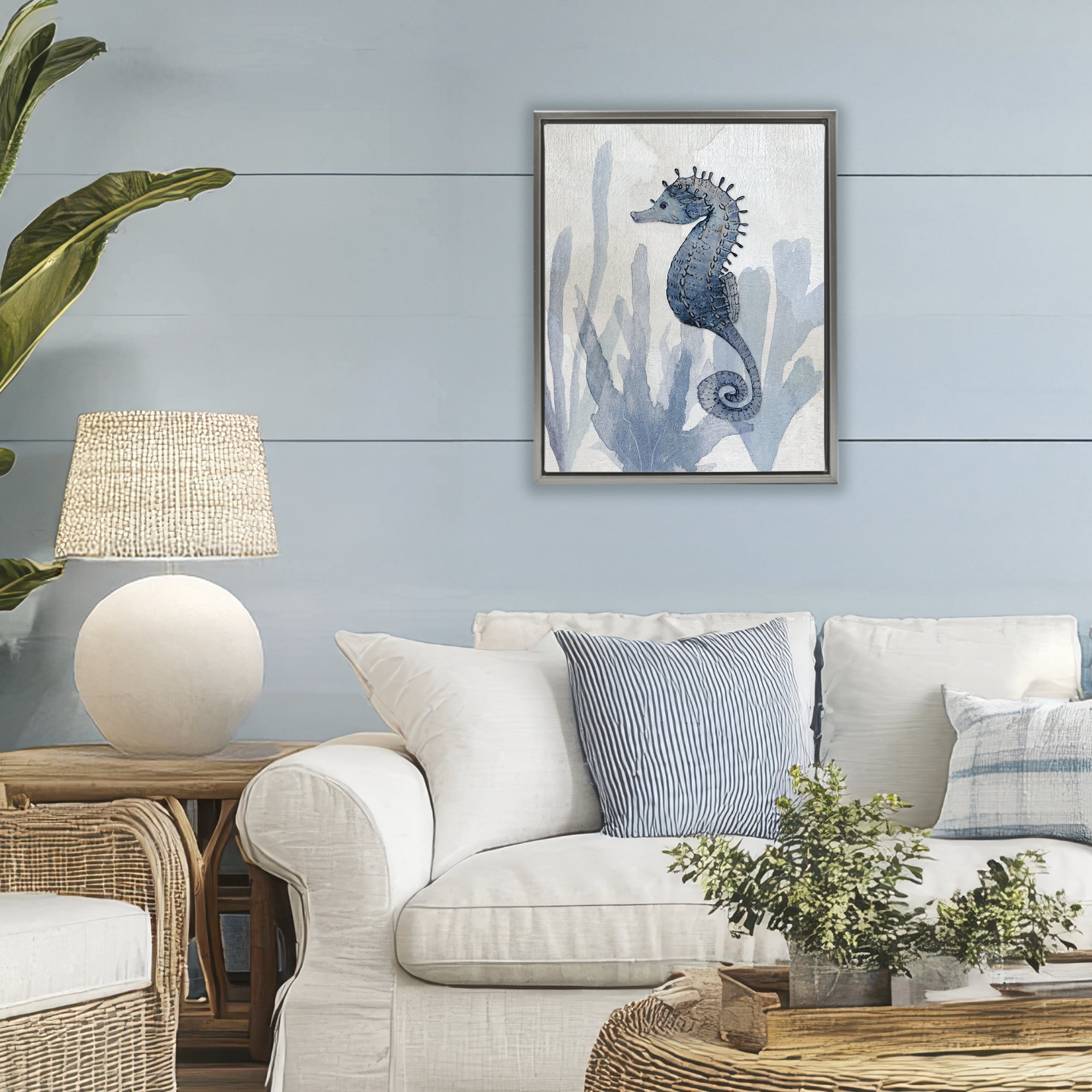 Stupell Industries Organic Seaweed & Seahorse Gray Framed Floater Canvas Wall Art, design by Susan Jill