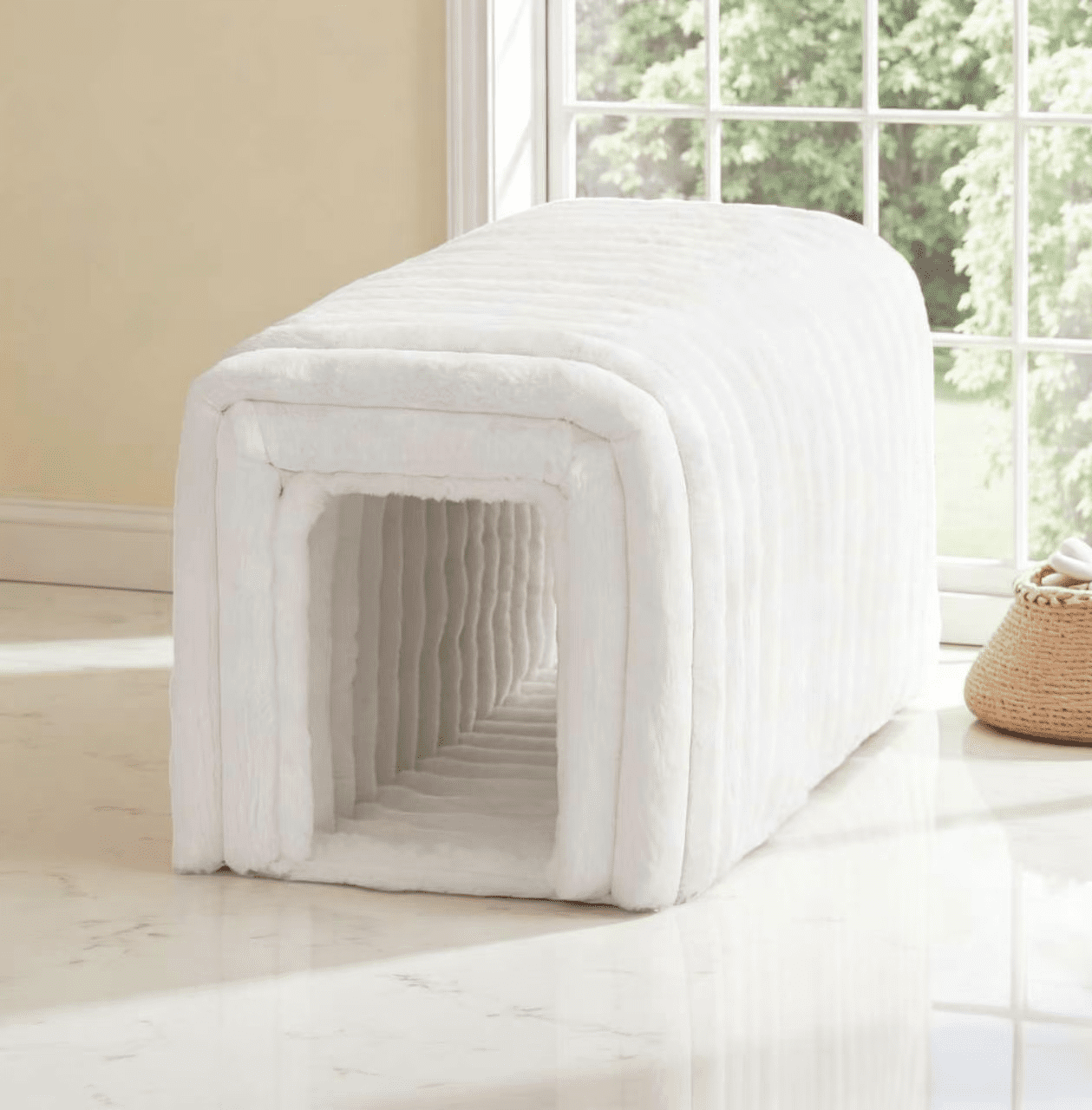 Howcool Corduroy Ottomans Bench with Cat Hideaway, 33"L Plush Upholstered Bench Ideal for Blanket Storage for Living Room & Bedroom
