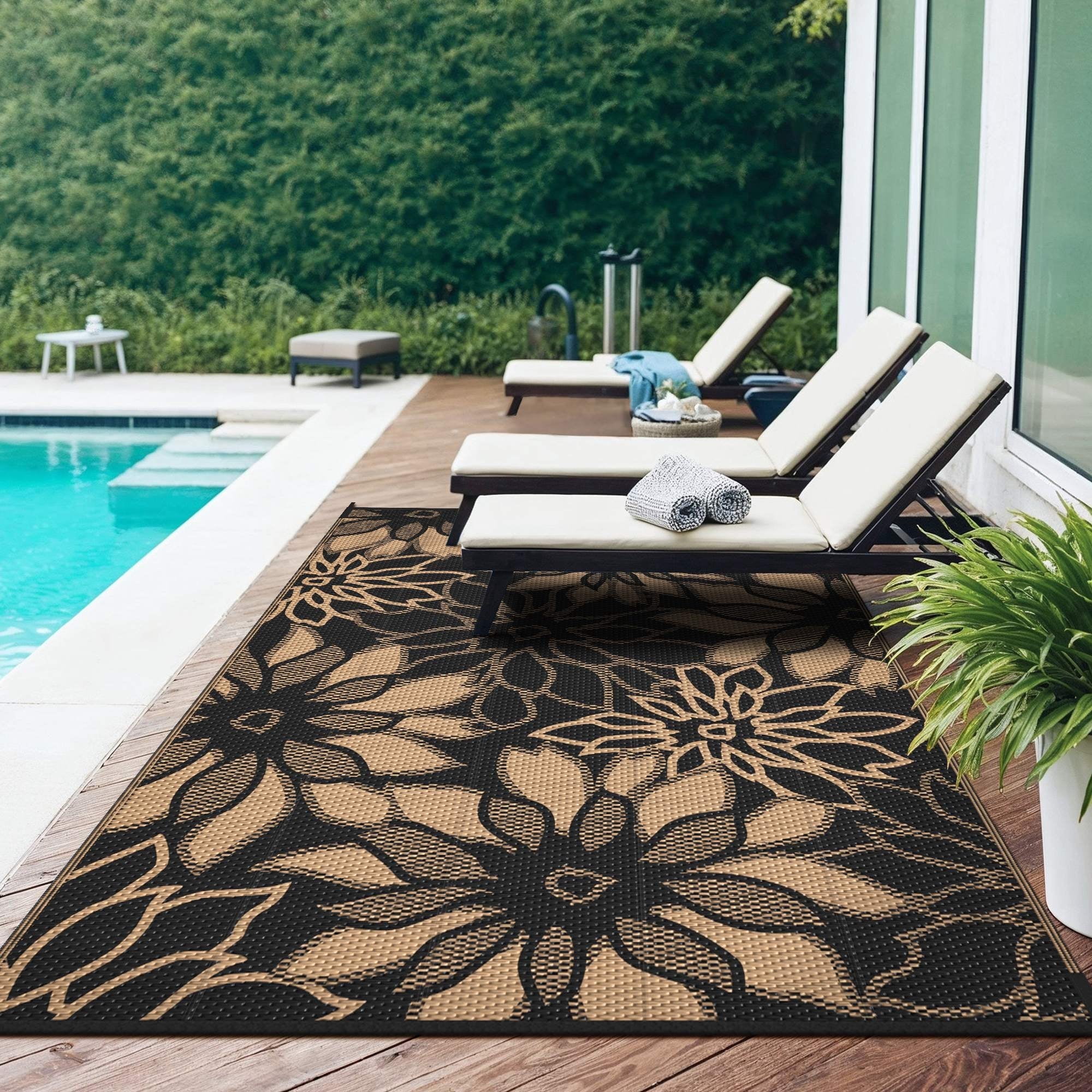 KUETH 6'x9' Outdoor Rug Waterproof Plastic Reversible Floral Patio Camping Outside Carpet,Black Brown