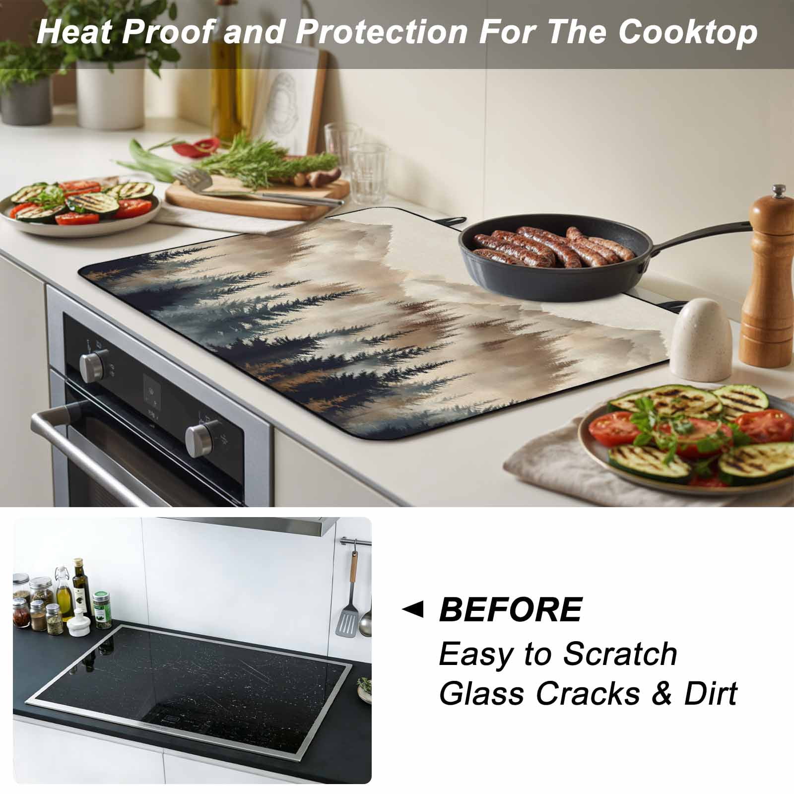 Tan Forest Stove Top Cover for Electric Stove, Heat-proof & Non Slip Glass Top Stove Cover Protector, Trees Woods Vintage Natural Watercolor Kitchen Flat Cooktop Rubber Mat 24x21 Inches