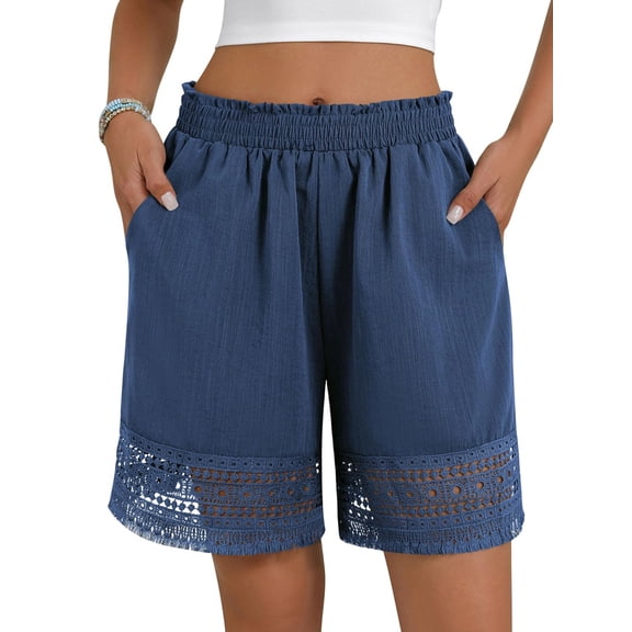 Women'S Casual Elastic Waist Lounge Shorts Comfy Lace Trim Summer Beach Linen Ruffle Shorts S