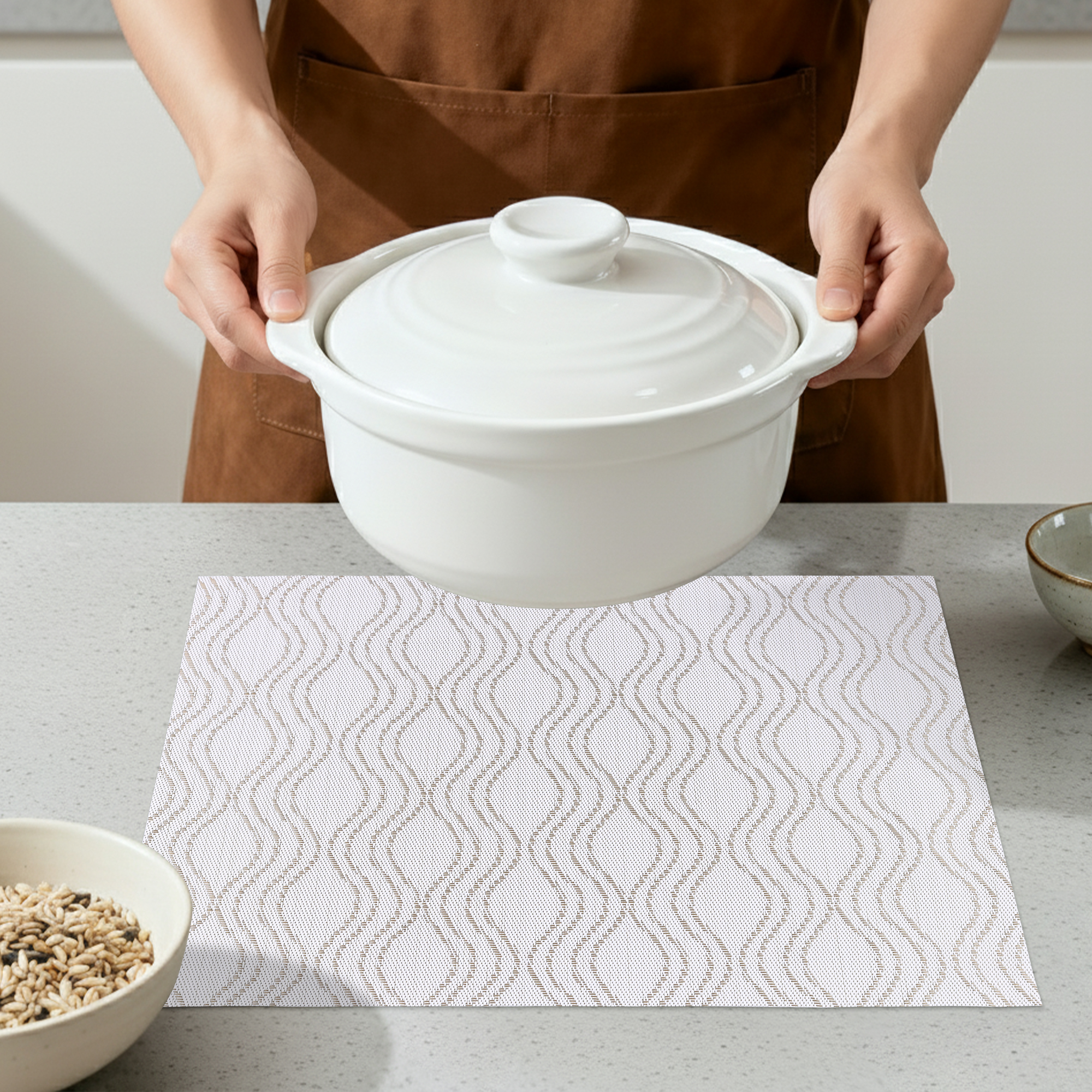 Unique Bargains Set of 6 Plastic Placemats Kitchen Mat for Dining Table Decor Beige