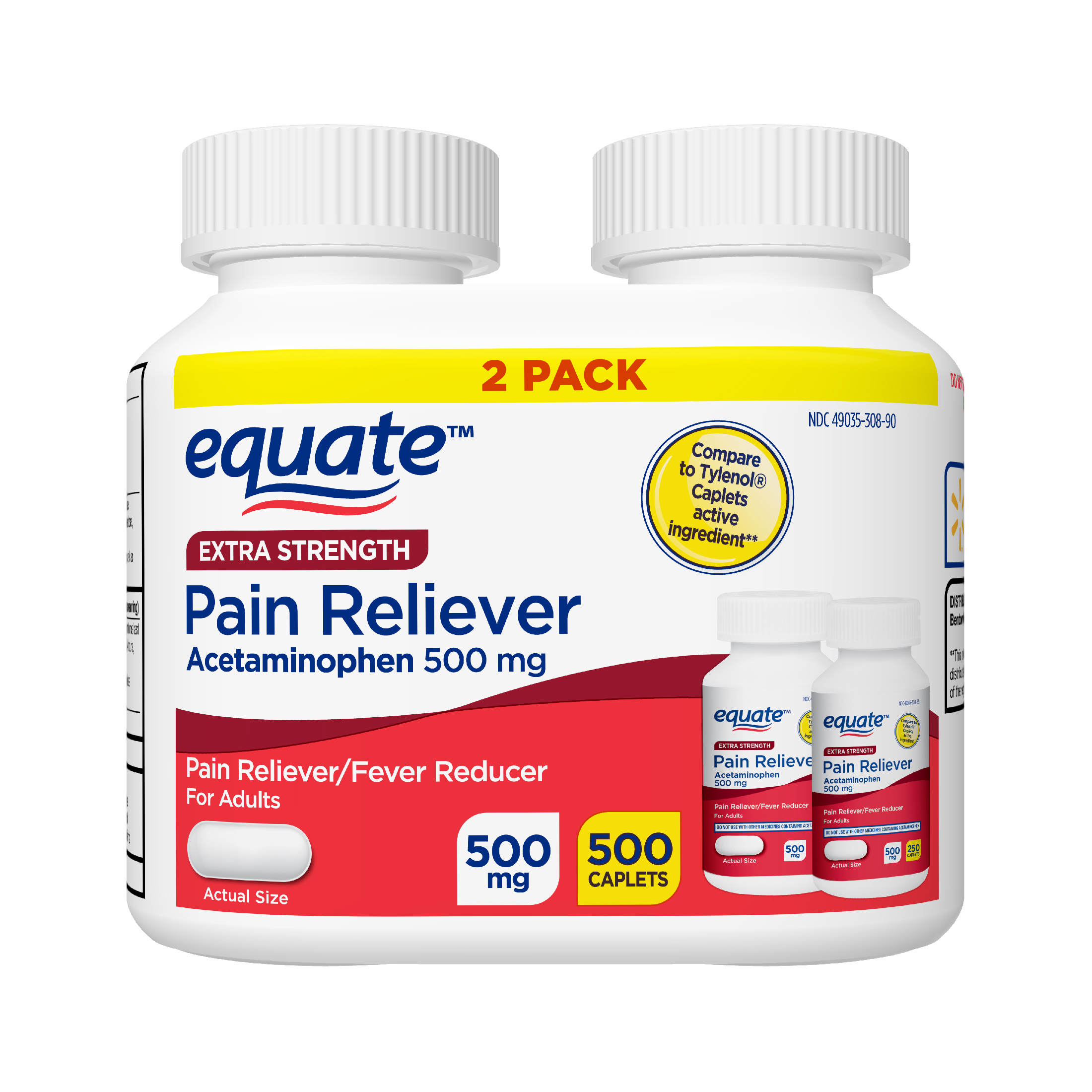 Equate Extra Strength Pain Reliever Acetaminophen 500mg Caplets, 2x250ct