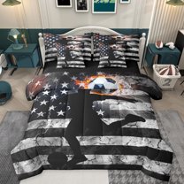 Homewish American Flag 7 Pieces Bedding Comforter Set,Football Game Gaming Full Bedding Set,Gray Black Fitted Sheet Flat Sheet For Boys Teens,Ultra Soft Home Decor Reversible