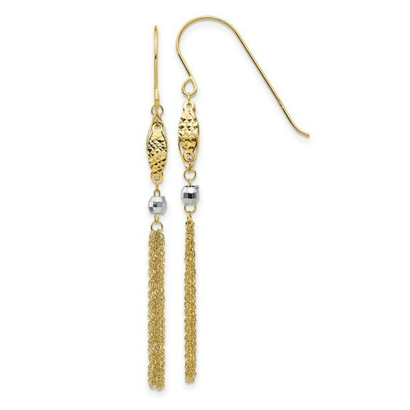 14k Two Tone Polished Shepherd hook Gold Bead and Chain Long Drop Dangle Earrings Measures 55x5mm Wide - Dangle Earring