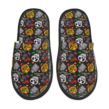 

Honeii Pumpkin And Flying Bat Print Furry Slippers Bedroom Slippers for Women and Men Fuzzy Plush Comfy Faux Fur Lined Slide Shoes -Medium
