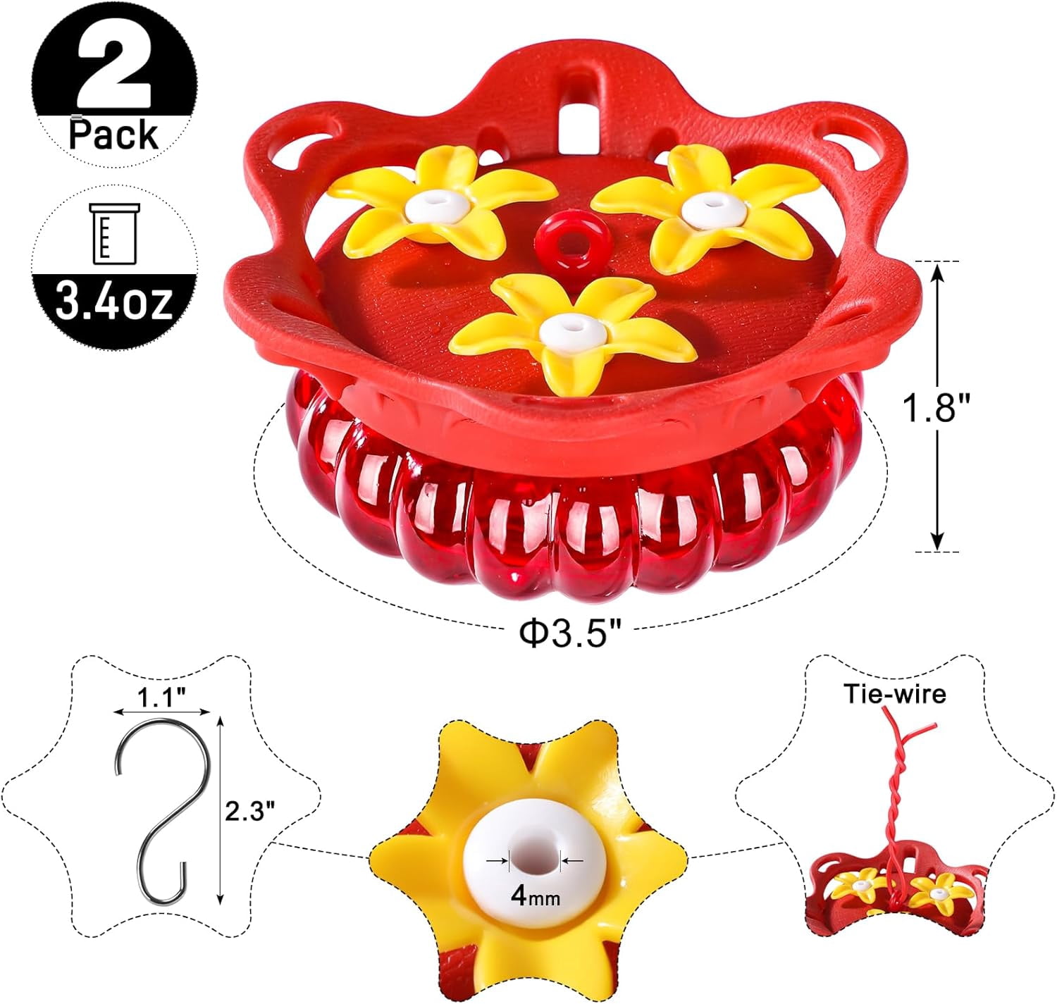 Set of 2 Glass Hummingbird Feeders for Outdoors Hanging with 3 Bee Guard Feeding Ports, 3.4OZ Handheld Humming Birds Feeders for Outside, Gifts for Women Mom, Red
