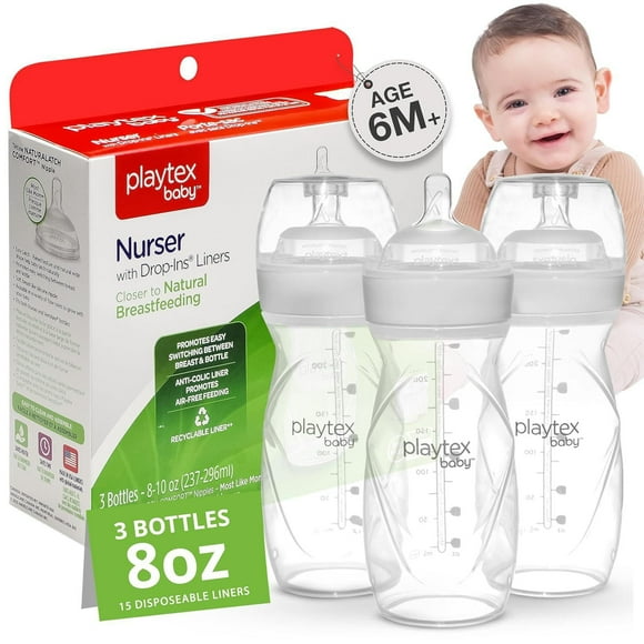 Biberon anti-colique Playtex Baby®, sans gaz, avec 15 doublures jetables pré-stérilisées, plus proche de l'allaitement, 8oz, 3 unités