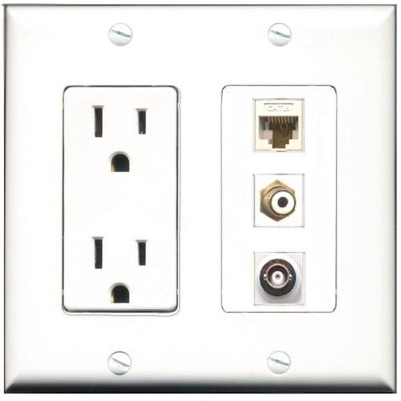 RiteAV - 15 Amp Power Outlet 1 Port RCA White 1 Port BNC 1 Port Cat6 Ethernet Ethernet White Decorative Wall Plate
