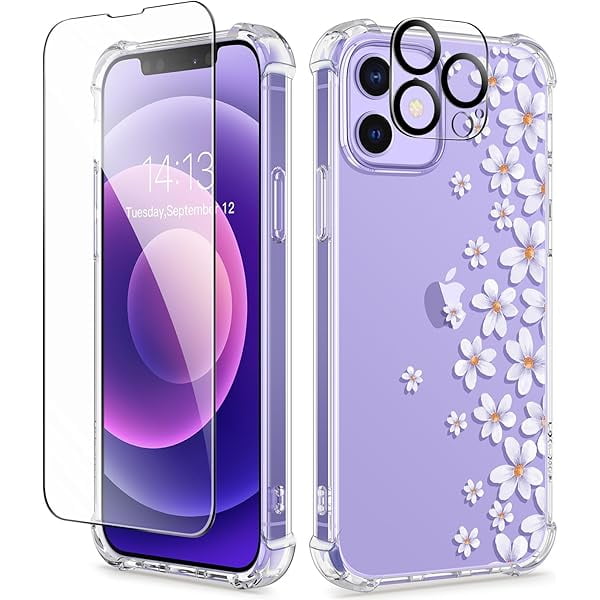 wonima44 for iPhone 12 Case and iPhone 12 Pro Case with Screen Protector + Camera Lens Protector, Clear Flexible TPU Shockproof Cover Women Girls Flower Pattern Phone Case 6.1" (Colchicum/Purple)