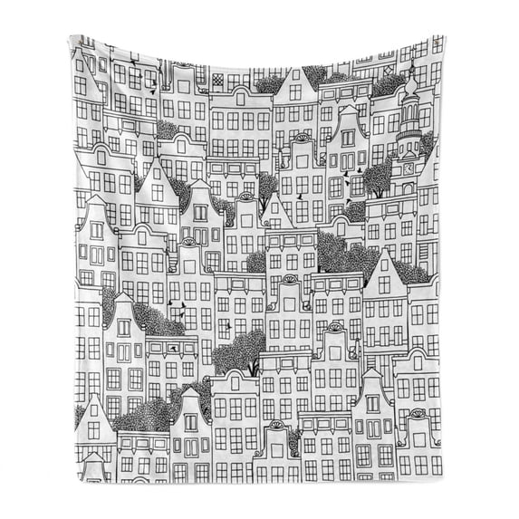 Urban Soft Flannel Fleece Blanket, Modern Illustration of Dutch Style European Houses Buildings Busy Urban Life Sketch, Cozy Plush for Indoor and Outdoor Use, 50" x 70", Black White, by Ambesonne