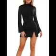 thumbnail image 2 of Vestido de Mujer con Mangas Largas Cruzadas, Volantes, Dobladillo Ajustado, Abertura, Cuello Medio Alto, Falda Corta, Cintura Ajustada. Negro XL, 2 of 9