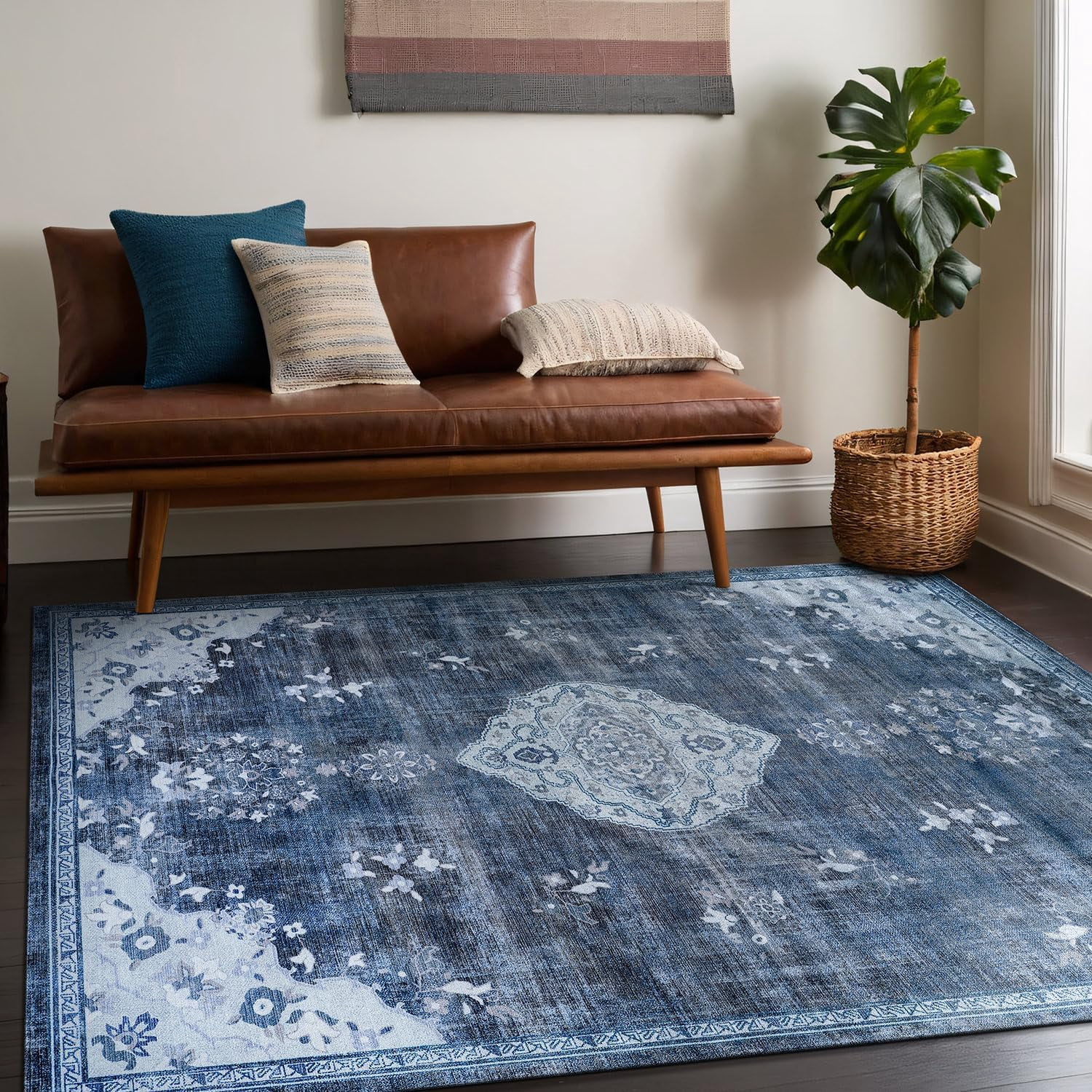 Beverly Rug Machine Washable Easy Cleaning Indoor Non-Slip Rugs Blue / Turquoise 5'x7'