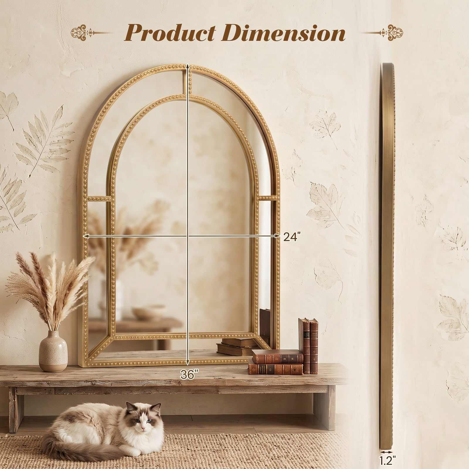 ALPULON 36 x 24 Inch Rectangular Decorative Wall Mirror with Gold Beaded Metal Frame for Living Room Bedroom Entryway Bathroom Vanity Accent Wall Decor, Gold