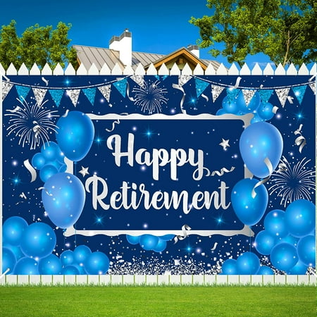Retirement Party Decorations Banner for Men, Navy Blue Silver Happy Retirement Sign Backdrop Background for Men Women Retirement Party Decor