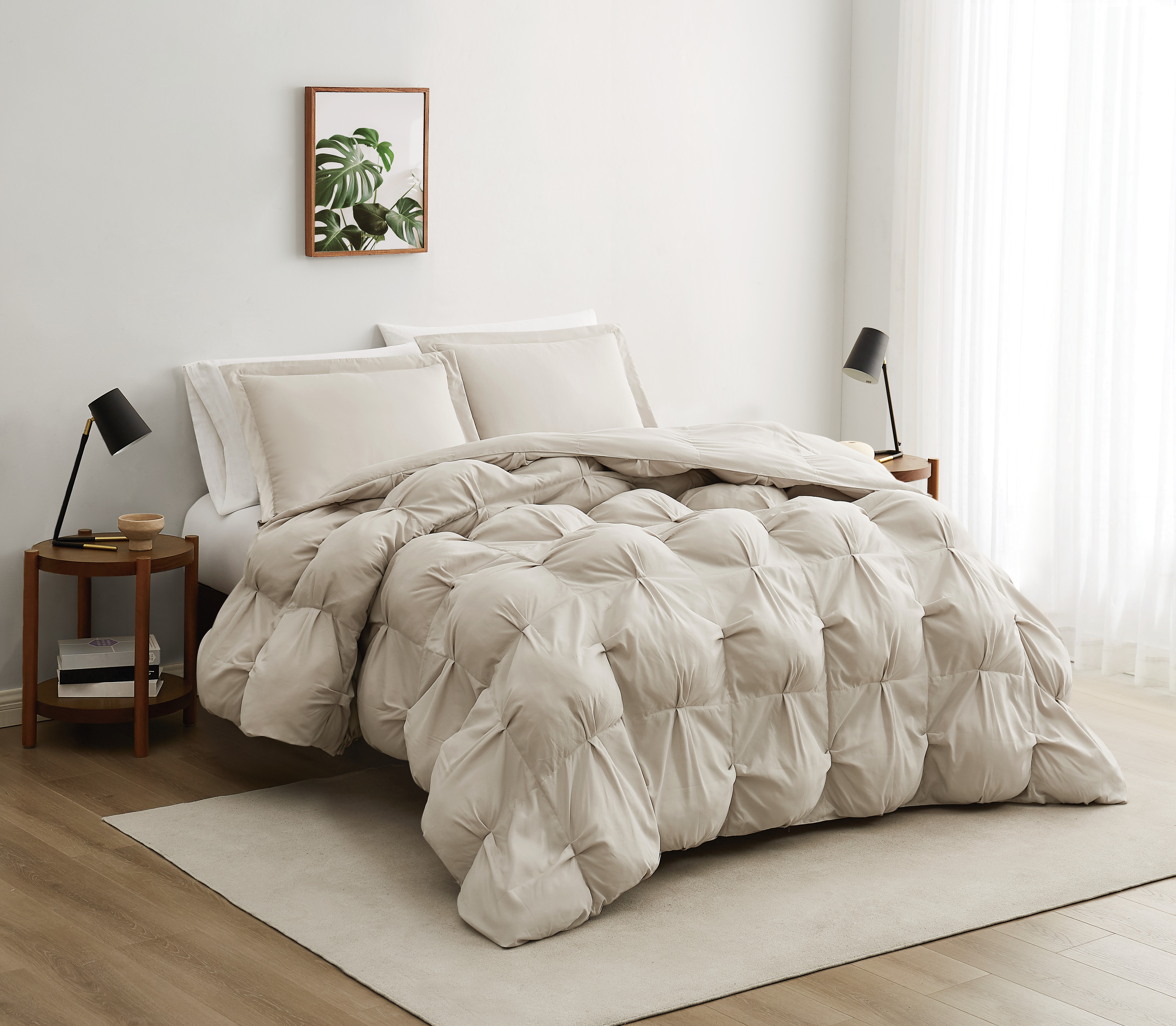 Truly Soft Cloud Puffer Boxed Pleat 100% Microfiber Polyester Beige 3-Piece Full/Queen Comforter Set, Solid Casual themed, Adult Bedding, OEKO-TEX Certified