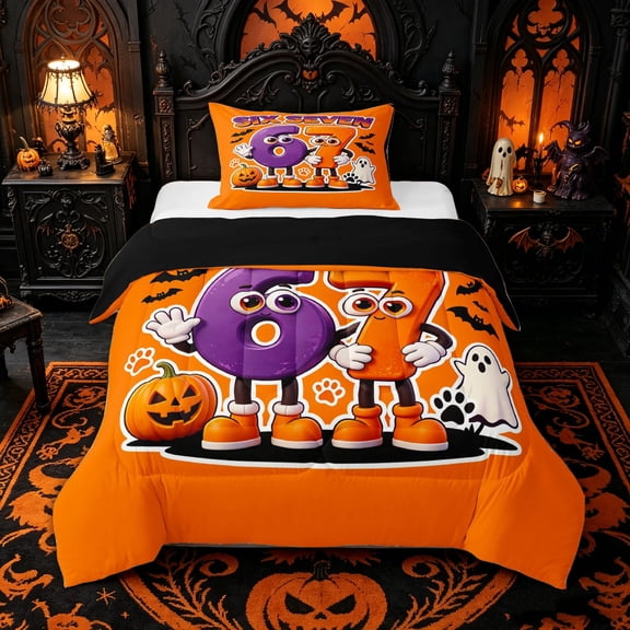 Homewish Fun Cartoon 67 Number Twin Comforter Sets for Kids, Orange Vintage Ghost Pumpkin Bedding Set, Black Reversible, 2-Piece, 1 Comforter and 1 Pillowcase