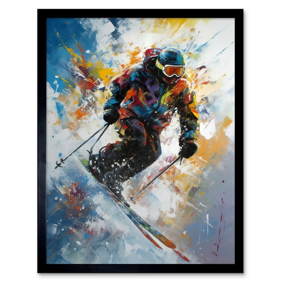 Skier Skiing Down Slope Vibrant Splat Art Painting Art Print Framed Poster Wall Decor 12x16 inch