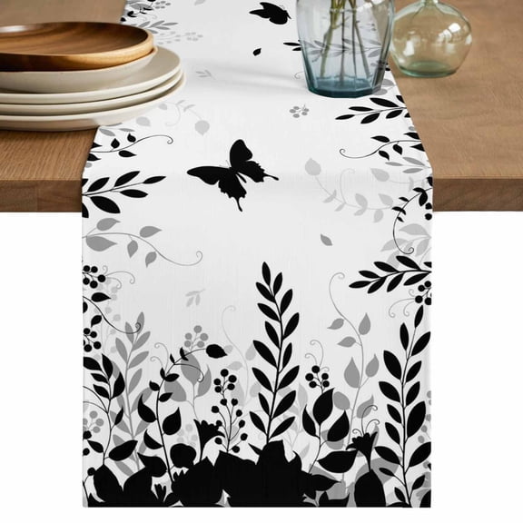 Table Runner 60 Inches Long for Kitchen Dining, Black Spring Botanical Dresser Scarf Farmhouse, Dining Table Decorations for Wedding/Parties, Weeping Eucalyptus Butterfly 13 x 60 In