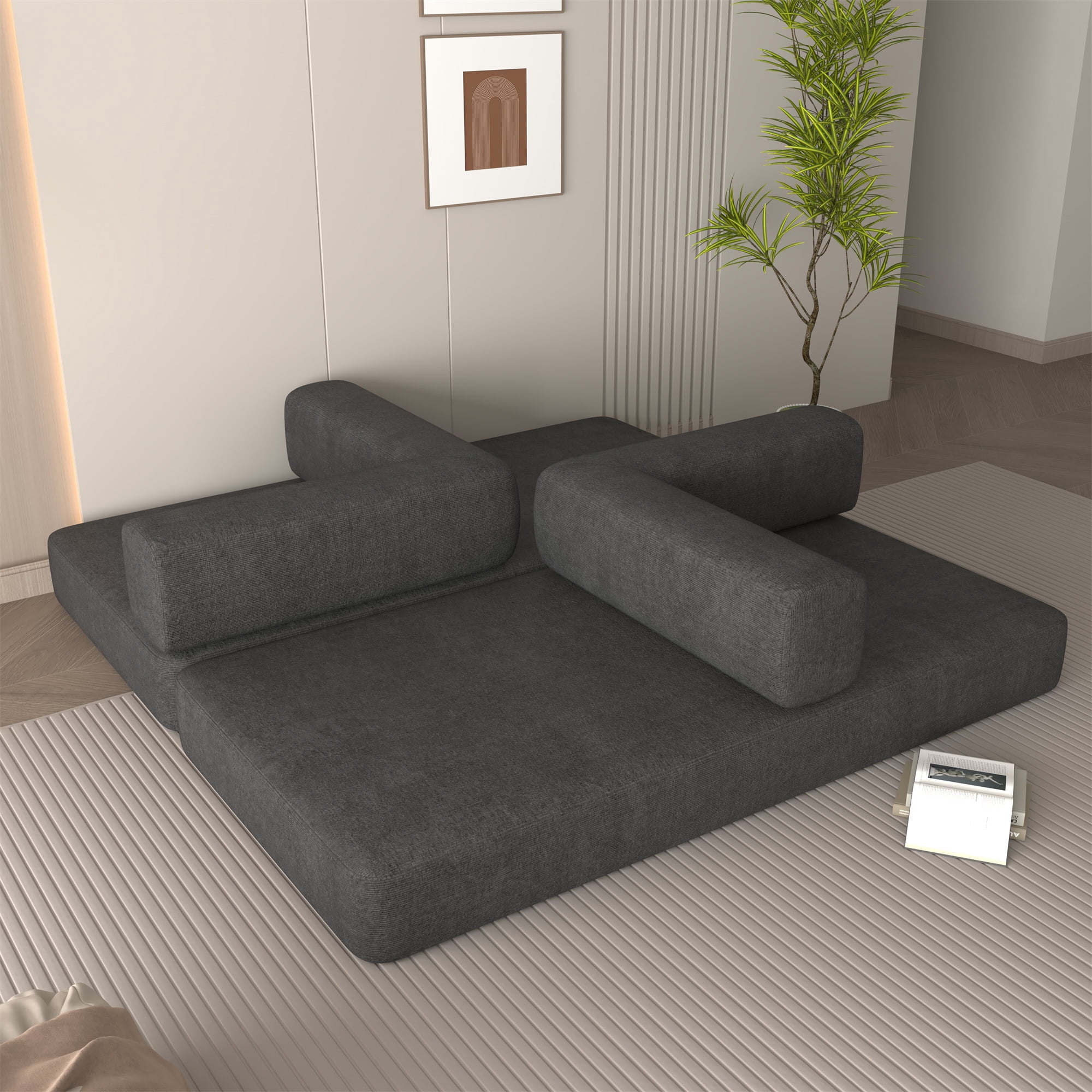 Aukfa Convertible Sleeper Sofa King Size Floor Futon Couch Bed for Living Room Bedroom, Corduroy, Gray