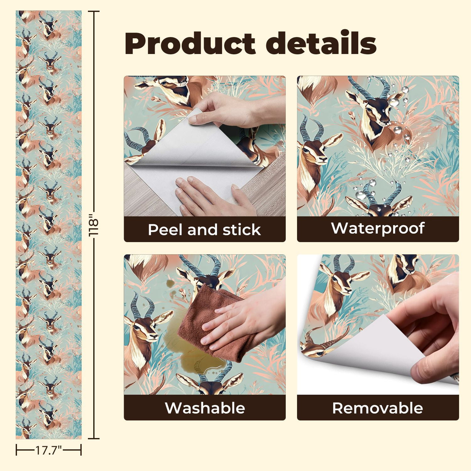 Peel and Stick Wallpaper Hunting Wildlife Antelope Botanical Pastel Blue Peach Wall Mural 17.7in x 9.8ft Self Adhesive Removable Wall Paper Renter Friendly Wallpaper for Nursery Bedroom Cabinets
