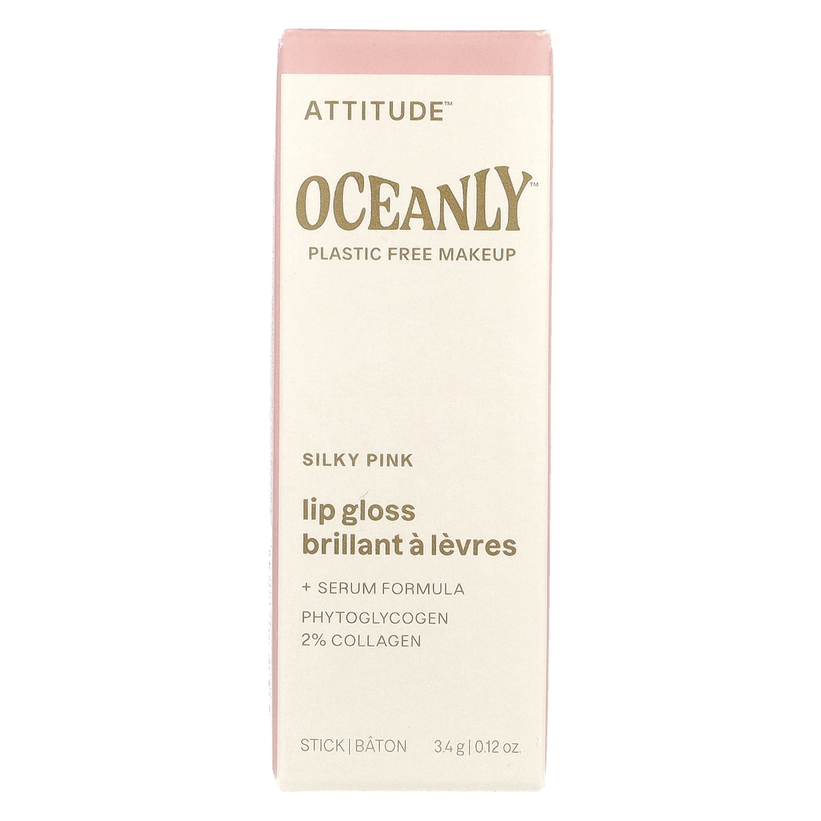 ATTITUDE Oceanly Plastic-Free Sheer Lip Gloss Stick, Titanium Dioxide-Free, EWG Verified, Vegan  and  Cruelty-free Makeup, Silly Pink, 0.12 Ounces