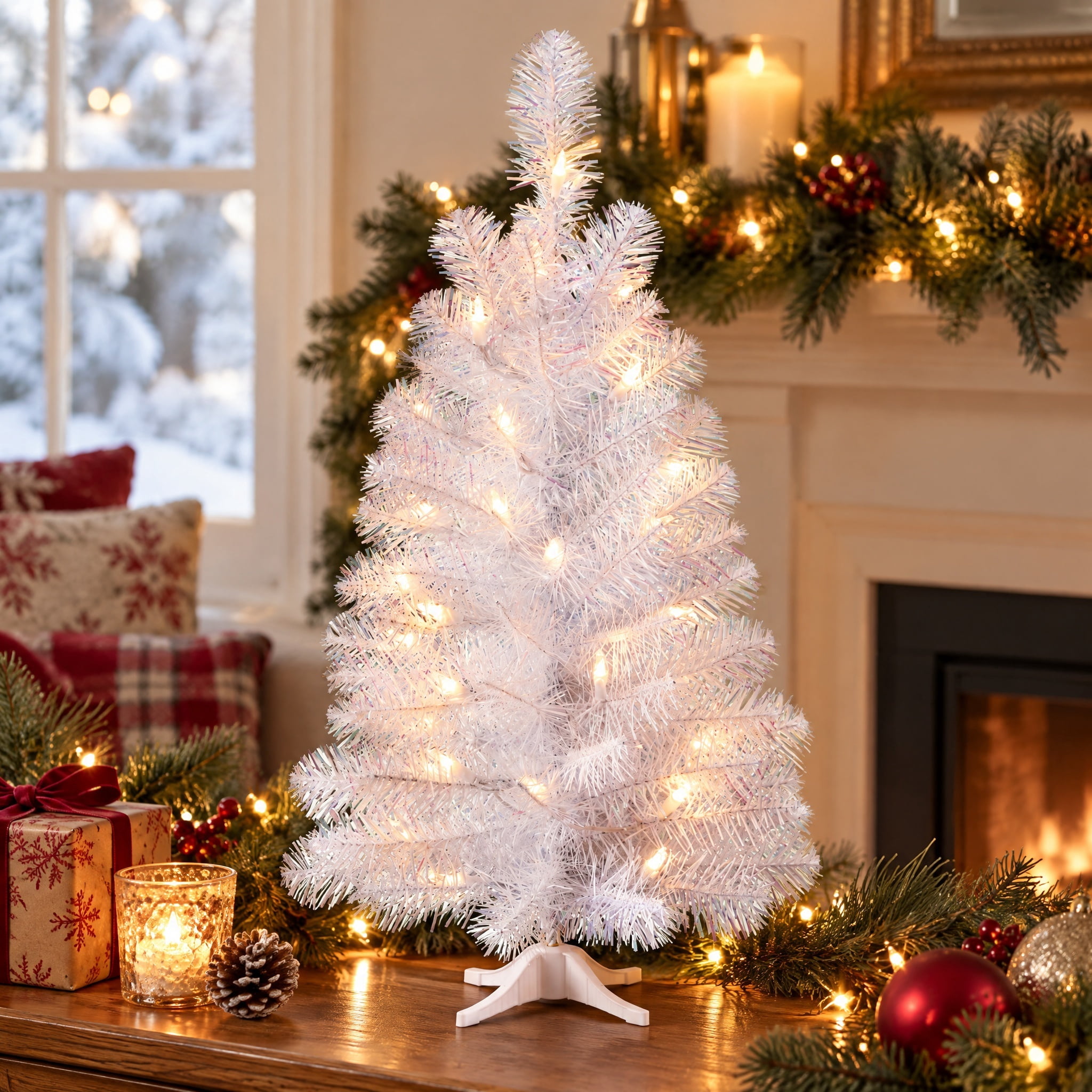 2' Small Pre-Lit Noble Spruce Iridescent White Artificial Christmas Tree with 35 Warm White LED Lights and Stand, by Holiday Time