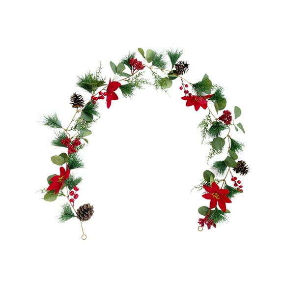 JeashCHAT Christmas Garland Hanging Vine Garland Artificial Poinsettia Pine Needles Garland with Berries and Pinecones, Christmas Decorations Home Mantel Fireplace Holiday Party Decor, 68.9inch