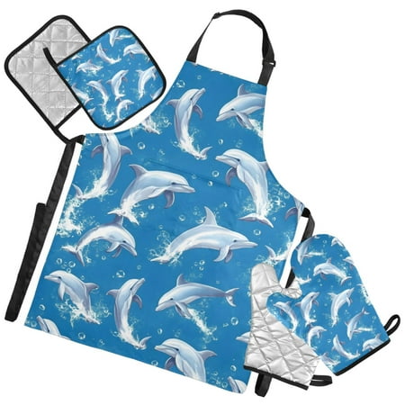 Ryvnso Cute Dolphins Jumping Kitchen Apron Oven Mitts Set Pot Holders