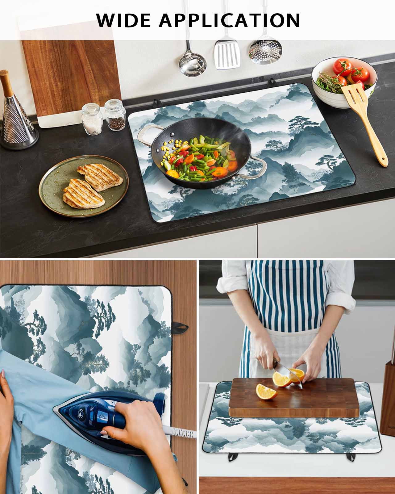 nqOlkjepod Large Induction Cooktop Protector Mat 24"x21", Teal Mountain Forest Stove Top Covers for Electric Stove, Retro Garden Nature Landscape Stove Burner Cover Mats, Glass Top Stove Cover