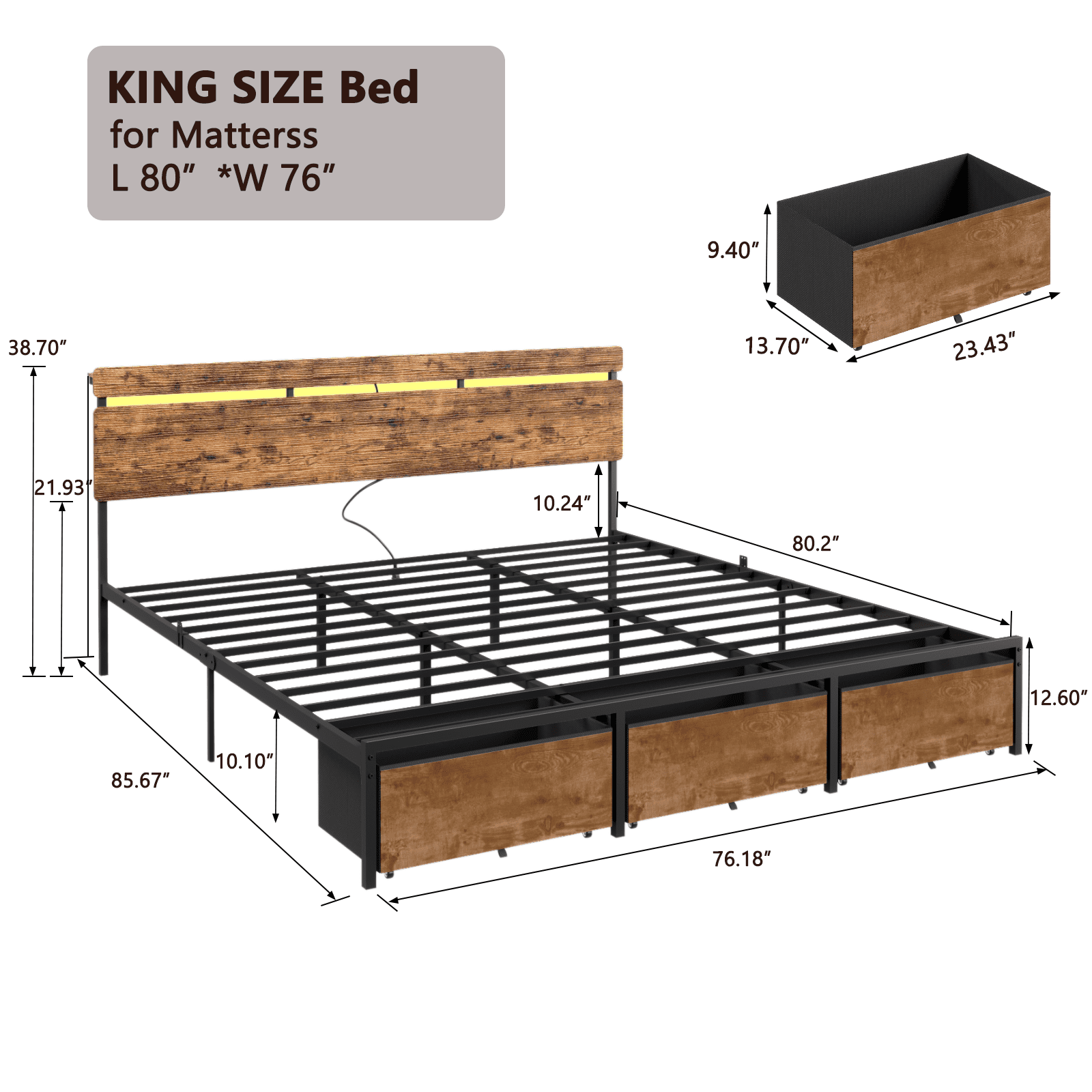 Satifur King Size Bed Frame with 3 Drawers & LED Lights & Charging Station, Beds with Headboard & 10.10" Under Bed Storage, No Box Spring Needed, Easy Assembly, Rustic Brown