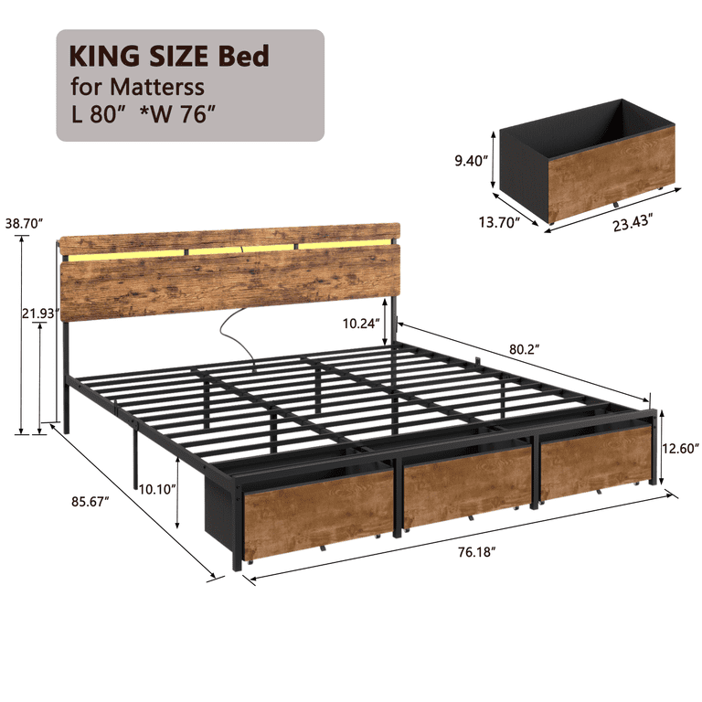 Satifur King Bed Frame with Storage Drawers, LED Lights & Charging photo 4
