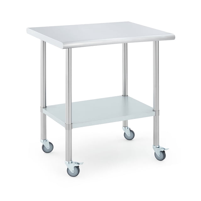 YUSAZENS Table de Préparation Utilitaire en Acier Inoxydable avec Roulettes, 2 Niveaux Réglables pour Cuisine Restaurant Blanc 24*30 Po