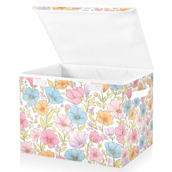 Yayeee Collapsible Cube Storage Bin with Lid Fabric Closet Decorative Basket with Handles, Cute Pastel Flowers Pattern
